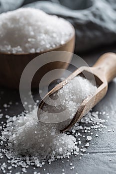 Crystaline sea salt in bowl and spoon - closeup