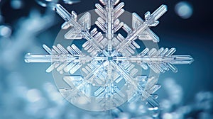 Crystalline Beauty and Frosty Macro Snowflake Closeup on Blue Backdrop AI generated