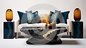 Crystalline Couch: Dark Azure And Gold With Fluid Motion And Unconventional Materials photo