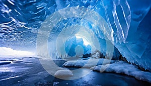 Crystalline ice cave in blue color. Soft glow. View from inside