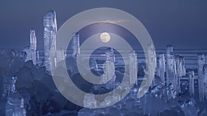Crystalline ice formations jut from the ground like sparkling pillars catching the moons rays and creating an photo