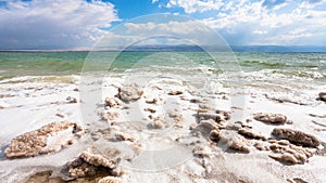 Crystalline salt on surface of Dead Sea shore