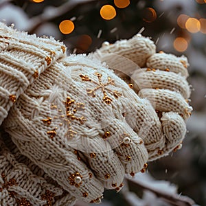 Crystalline Snowflakes Landing on Warm Woolen Mittens The flakes blur with the wool