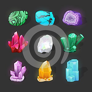 Crystalline stone or gem. Precious gemstone. Magic crystals and semiprecious stones vector set. Game glowing crystals icons. photo