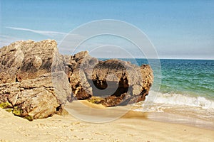 Crystalline waters and rock textures of Galapinhos Beach photo