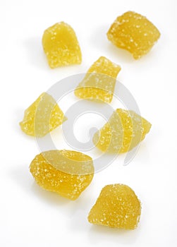 Crystallised Ginger, zingiber officinale against White Background