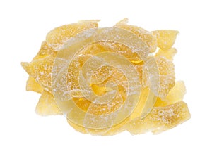 Crystallized ginger slices on white background