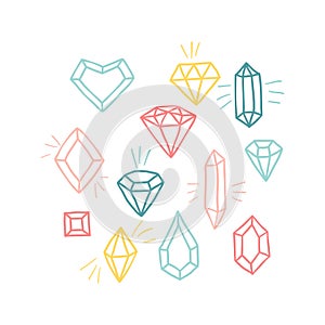 Crystals in cartoon style. Hand drawn sketch of diamonds and precious stones in colorful colors. Vector illustration on