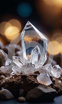 Crystals of crystal quartz on a black background close-up.