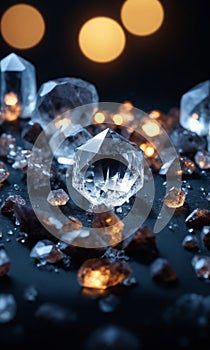 Crystals of crystal quartz on a black background close-up.