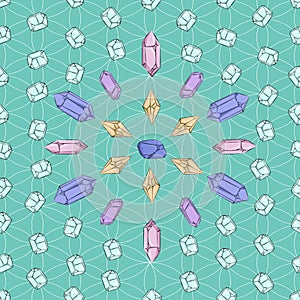 Crystals and Diamonds on wiccan grid Pattern
