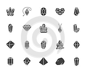 Crystals flat glyph icons set. Mineral rock, diamond shape, salt, abstract gemstone, magic crystal vector illustrations