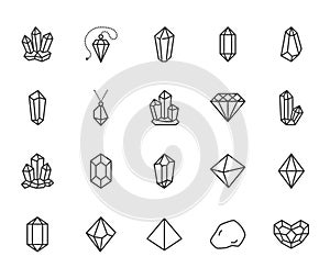 Crystals flat line icons set. Mineral rock, diamond shape, salt, abstract gemstone, magic crystal vector illustrations