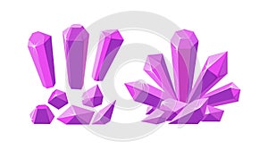 Crystals and gemstones of different shapes. Set of pink stalagmite, crystals and pieces of amethyst rock. Vector