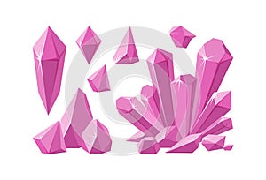 Crystals and pink gemstones. Set of pink stalagmite and smashed crystals. Amethyst gems of various shapes. Vector