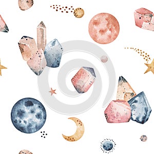 Crystals and planets seamless pattern, Natural Minerals, multicolored stones ornament print. Watercolor Hand drawn motive isolated photo