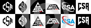 CSA letter logo design in six style. CSA polygon, circle, triangle, hexagon, flat and simple style with black and white color