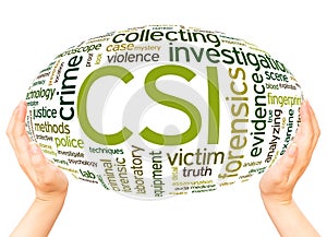 CSI Crime Scene Investigation word cloud hand sphere concept