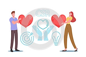 Csr, Corporate Responsibility, Social Business Citizenship. Tiny Businessman and Businesswoman Characters Holding Heart