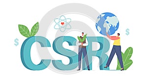 Csr, Corporate Social Responsibility. Business Woman Character with Earth Globe, Businessman with Plant. Eco Model