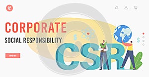 Csr, Corporate Social Responsibility Landing Page Template. Business Characters with Earth Globe and Plant. Eco Model