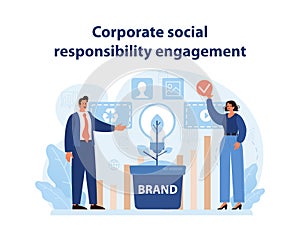 CSR Engagement Illustration. Professionals engaged in corporate social responsibility activities.