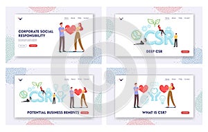 Csr Landing Page Template Set. Corporate Responsibility, Social Citizenship. Tiny Businesspeople Characters Hold Heart