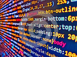 Css3 code on a colorful background. Software background coding screen of source code of developer programming language data.