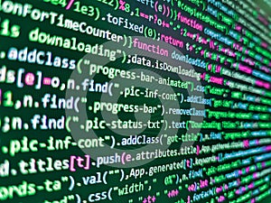Css3 code on a colorful background. Software developer programming code on computer monitor. Flat design, web development.