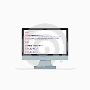 Css code on computer screen. Computer monitor icon with code. Script coding or programming website. Vector