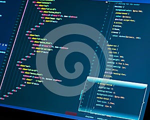 Css and html code on the screen. Web Design Concept. Technology source code, closeup