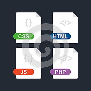 Css, html, js, php. Collection of web development file format flat icon. Vector