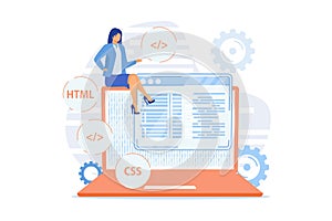Css and HTML programming languages. Computer programming , coding, IT. Female programmer cartoon character.