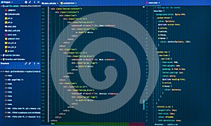 Css and html web design code in the editor, front view. Development of site design