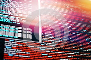 CSS, JavaScript and HTML usage. Monitor closeup of function source code. Abstract IT technology background. Software source code