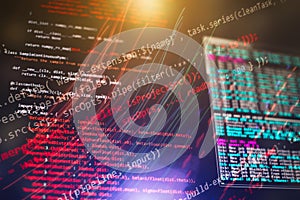 CSS, JavaScript and HTML usage. Monitor closeup of function source code. Abstract IT technology background. Software source code