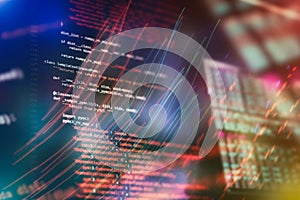 CSS, JavaScript and HTML usage. Monitor closeup of function source code. Abstract IT technology background. Software source code