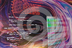 CSS, JavaScript and HTML usage. Monitor closeup of function source code. Abstract IT technology background. Software source code