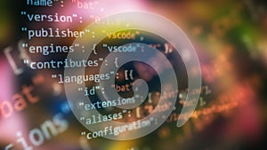 CSS, JavaScript and HTML usage. Monitor closeup of function source code. Abstract IT technology background. Software source code