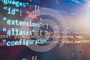 CSS, JavaScript and HTML usage. Monitor closeup of function source code. Abstract IT technology background. Software source code