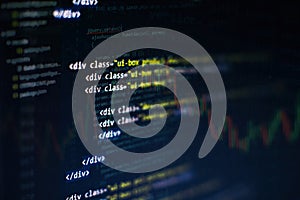 CSS, JavaScript and HTML usage. Monitor closeup of function source code. Abstract IT technology background. Software source code
