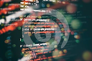 CSS, JavaScript and HTML usage. Monitor closeup of function source code. Abstract IT technology background. Software source code