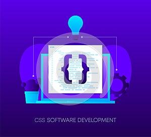 CSS Software Development Programming concept on dark gradient background. Laptop with envelope, open window with