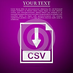 CSV file document icon. Download CSV button icon isolated on purple background