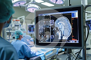 CT scan of brain is conducted on comatose patient in intensive care unit photo