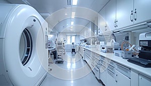 A CT scan machine is located in the center of the room