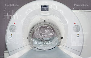 CT scanner in laboratory with display controls