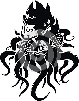 Cthulhu with gas mask nuclear evil logo vectorized photo