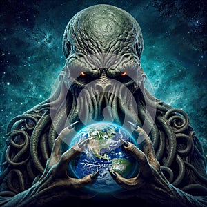 Cthulhu monstrous creature holding planet Earth in its grasp. Dark and ominous atmosphere, with giant monster looming over planet.