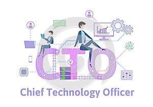 CTO, Chief Technology Officer.Concept table with keywords, letters and icons. Colored flat vector illustration on white